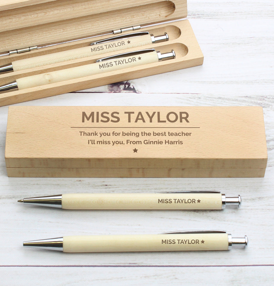 Personalised Classic Wooden Pen & Pencil Box Set