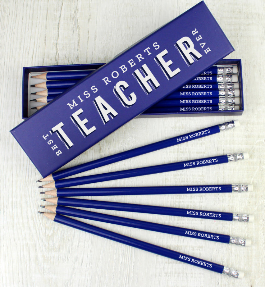 Personalised Best Teacher Ever Box and 12 Blue HB Pencils