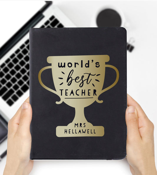 Personalised Worlds Best Teacher Trophy Black Hardback Notebook