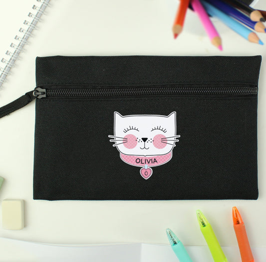 Personalised Cute Cat Black Pencil Case