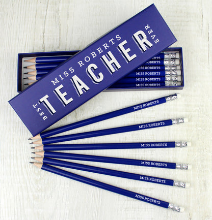 Personalised Best Teacher Ever Box and 12 Blue HB Pencils