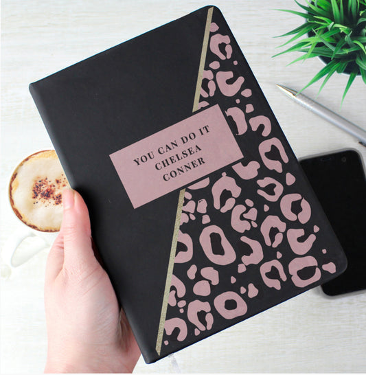 Personalised Leopard Print Black Hardback Notebook