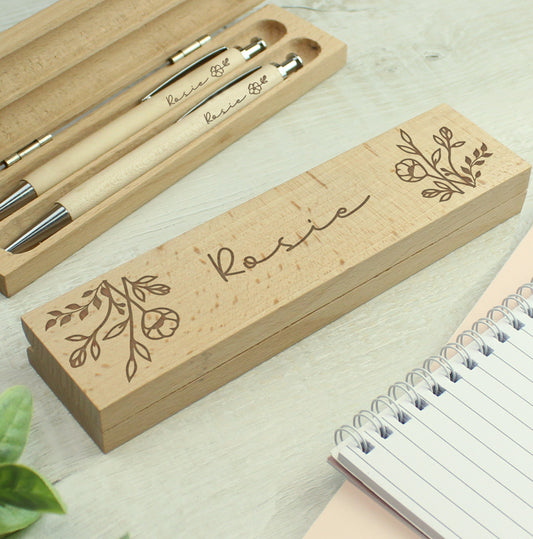 Personalised Floral Wooden Pen and Pencil Set