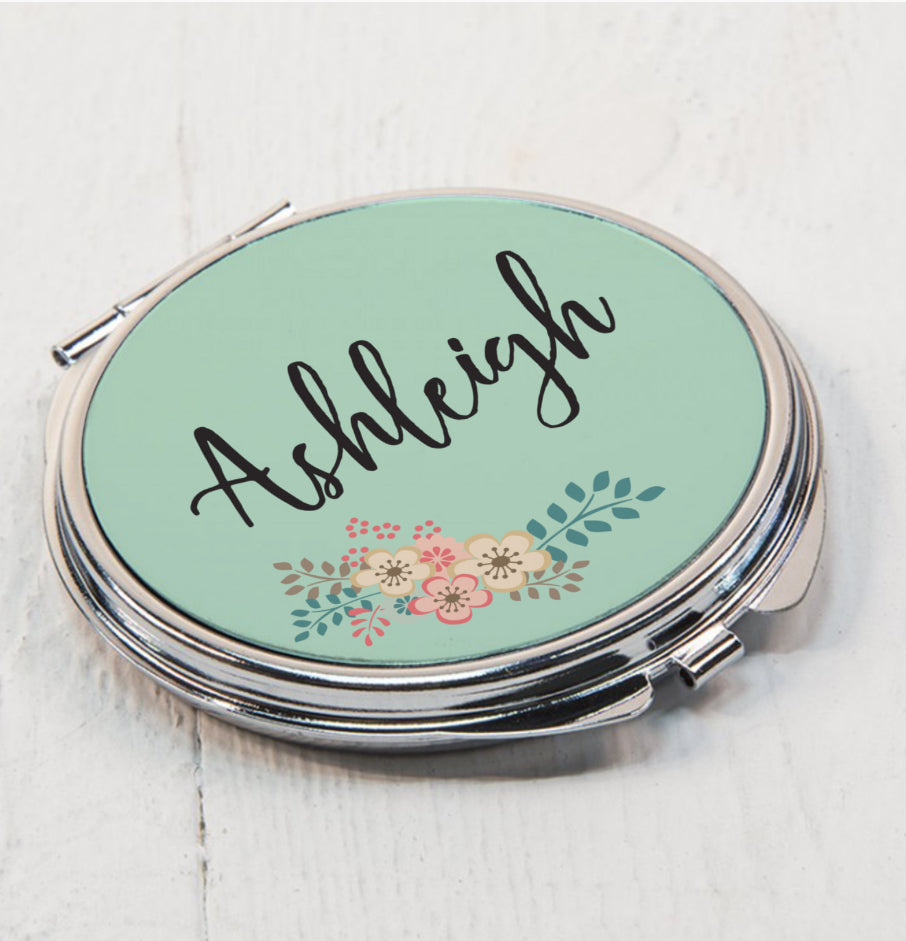 Personalised Green Floral Compact Mirror