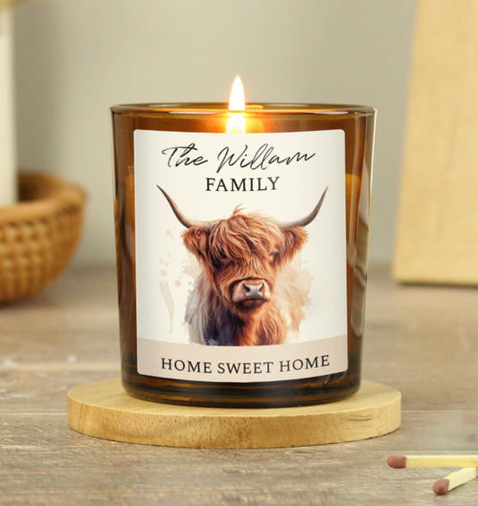 Personalised Highland Cow Amber Glass Candle