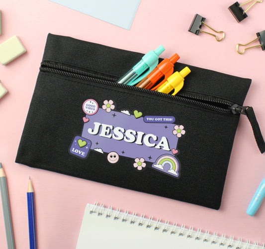 Personalised Good Vibes Black Pencil Case