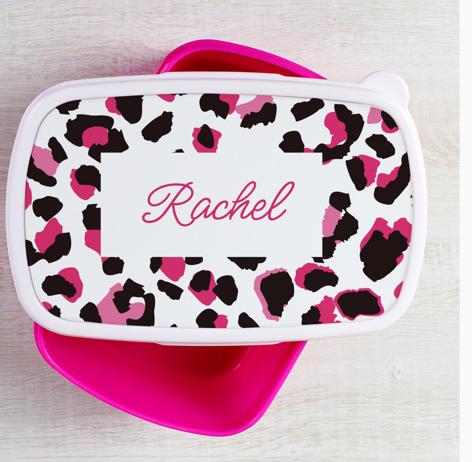 Personalised Leopard Print Name Only Pink Lunch Box