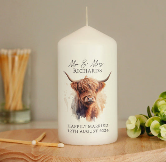 Personalised Highland Cow Pillar Candle