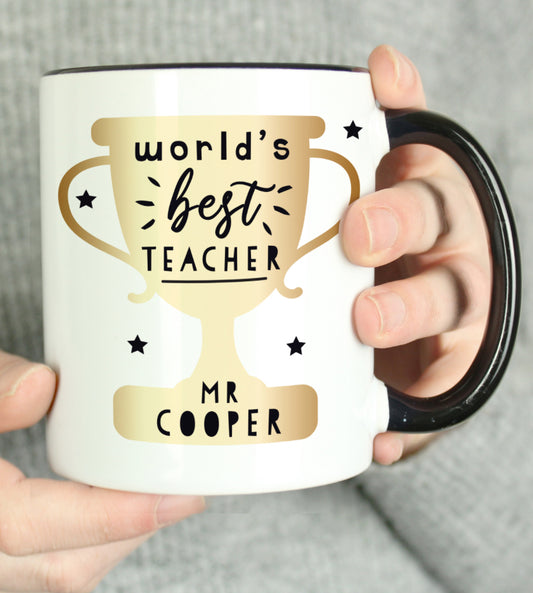 Personalised World's Best Teacher Trophy Black Handled Mug