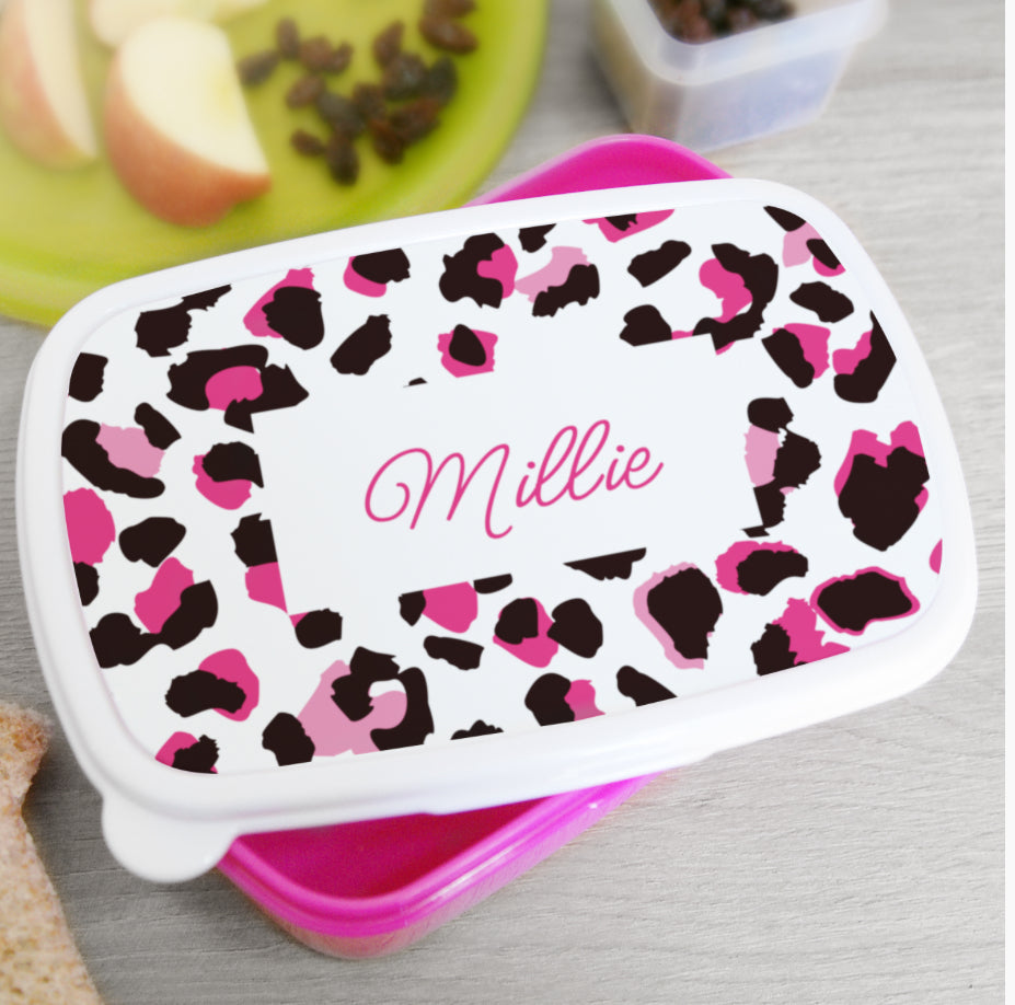 Personalised Leopard Print Name Only Pink Lunch Box