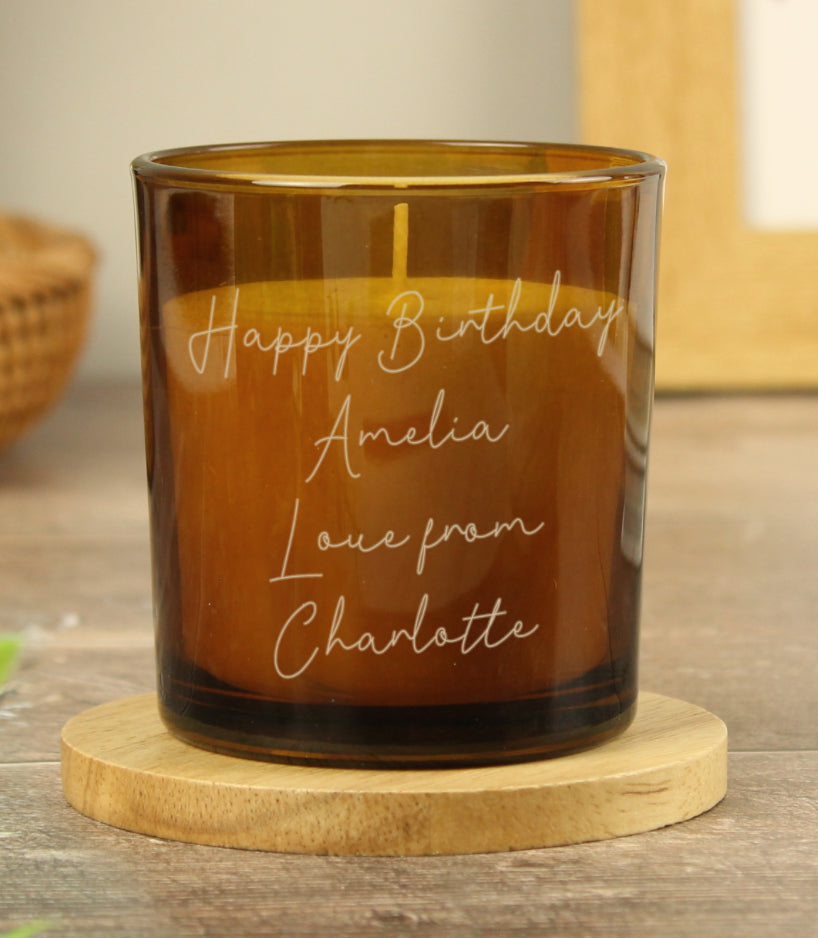 Personalised Engraved Message Amber Glass Candle