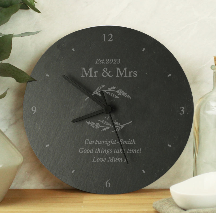 Personalised Free Text Botanical Slate Clock