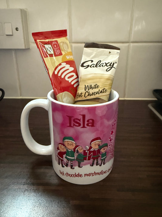 Personalised Candy Cane Mugs With White Malteasers and White Galaxy Hot Chocolate