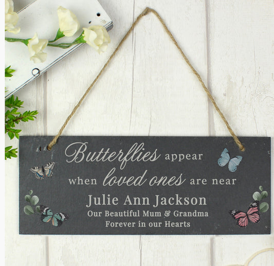 Personalised Memorial Butterflies Appear Slate Hanging Ornament