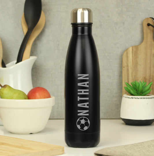 Personalised Football Black Metal Insulated Drinks Bottle