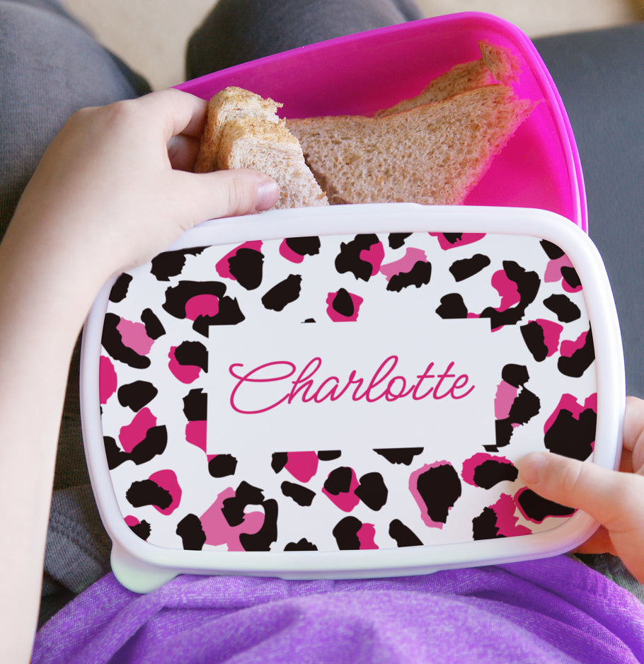 Personalised Leopard Print Name Only Pink Lunch Box