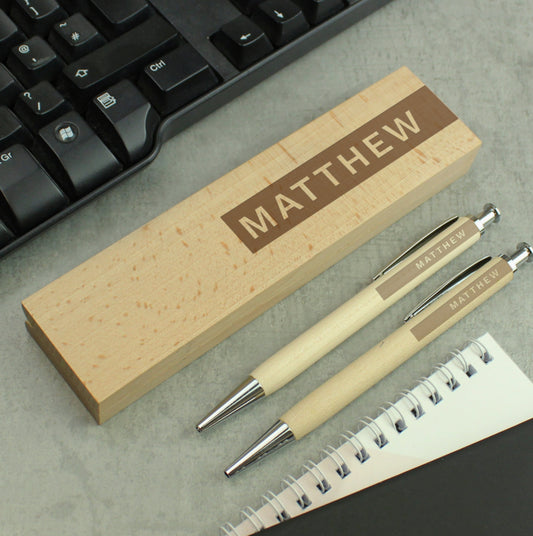 Personalised Name Only Wooden Pen and Pencil Set