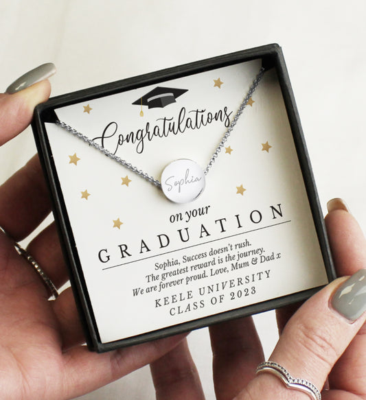 Personalised Graduation Sentiment Silver Tone Necklace and Box