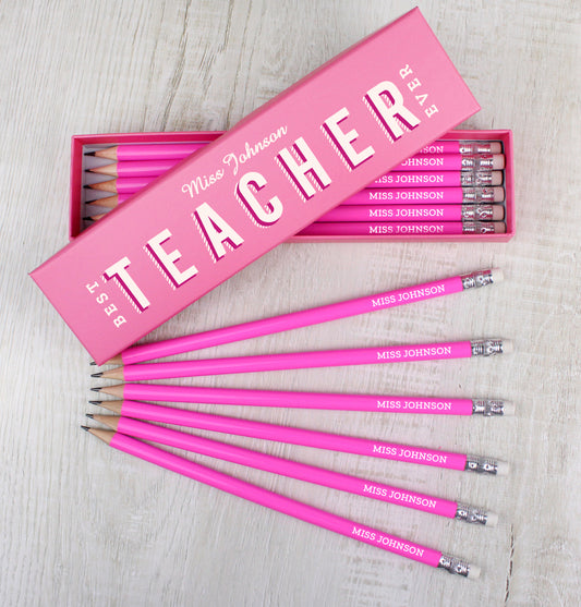 Personalised Best Teacher Ever Box and 12 Pink HB Pencils