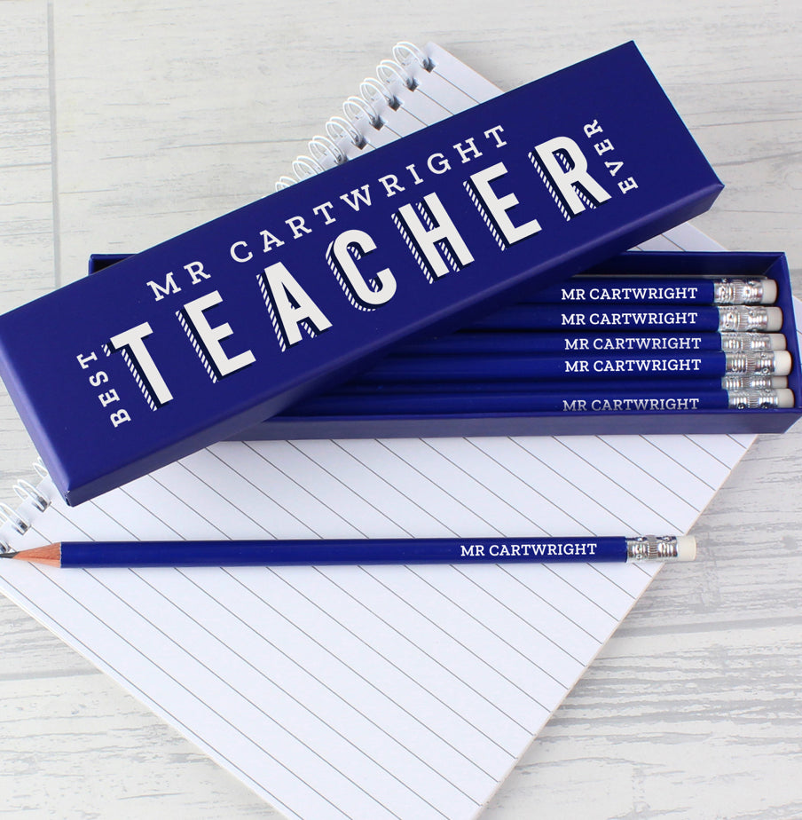 Personalised Best Teacher Ever Box and 12 Blue HB Pencils