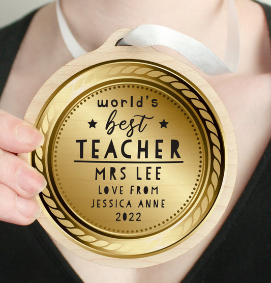 Personalised Worlds Best Teacher Round Wooden Medal