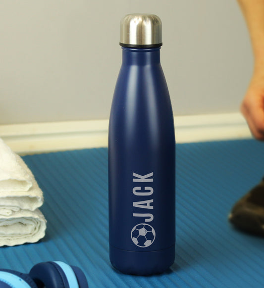 Personalised Football Navy Metal Insulated Drinks Bottle