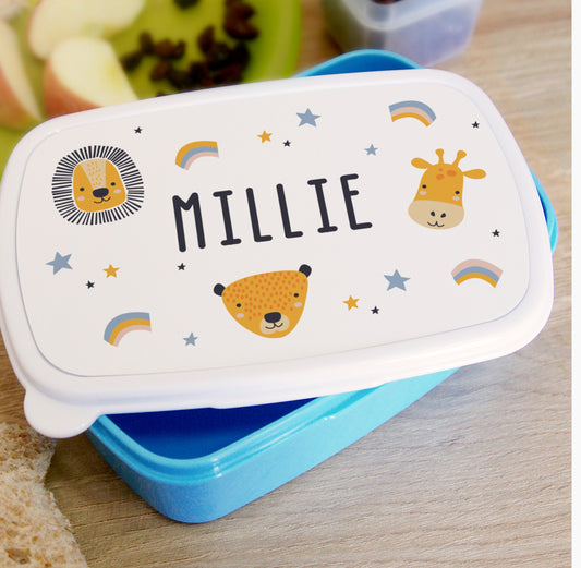 Personalised Safari Animals Name Only Blue Lunch Box