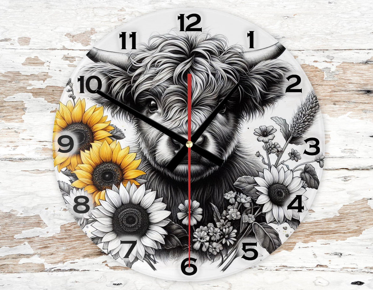 Highland Cow Sunflower Glass Clock