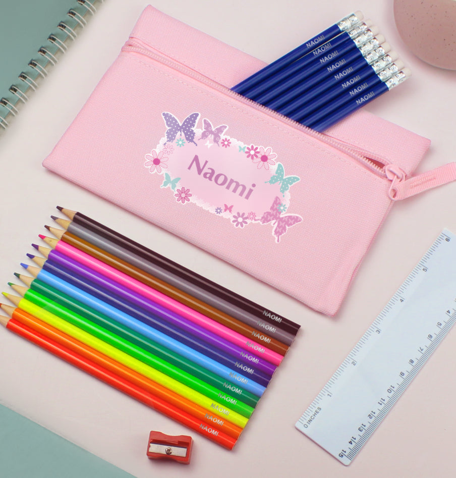 Pink Butterfly Pencil Case with Personalised Pencils & Crayons