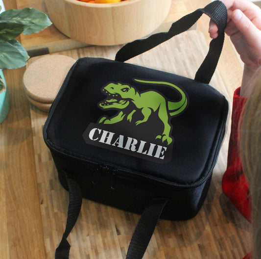 Personalised Dinosaur Black Lunch Bag