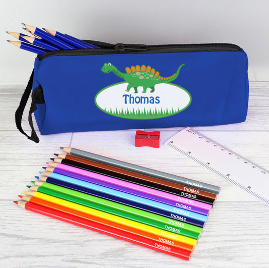 Blue Dinosaur Pencil Case with Personalised Pencils & Crayons