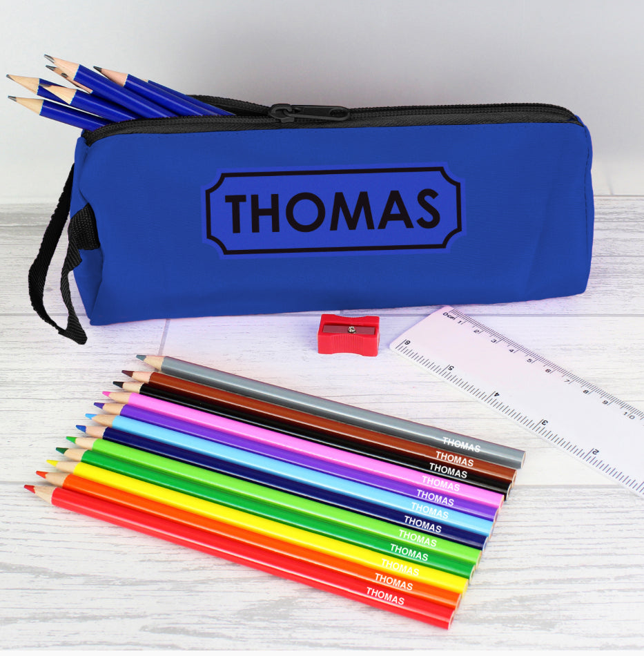 Blue Pencil Case with Personalised Pencils & Crayons