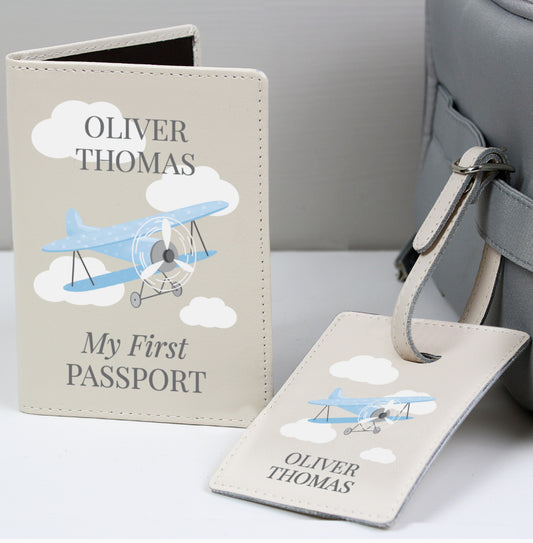 Personalised Blue Plane Passport Holder & Luggage Tag Set