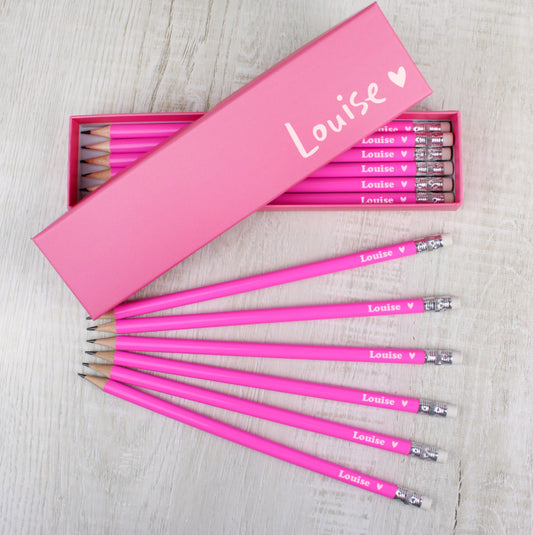 Personalised Heart Box and 12 Pink HB Pencils