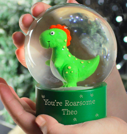 Personalised Message Dinosaur Glitter Snow Globe