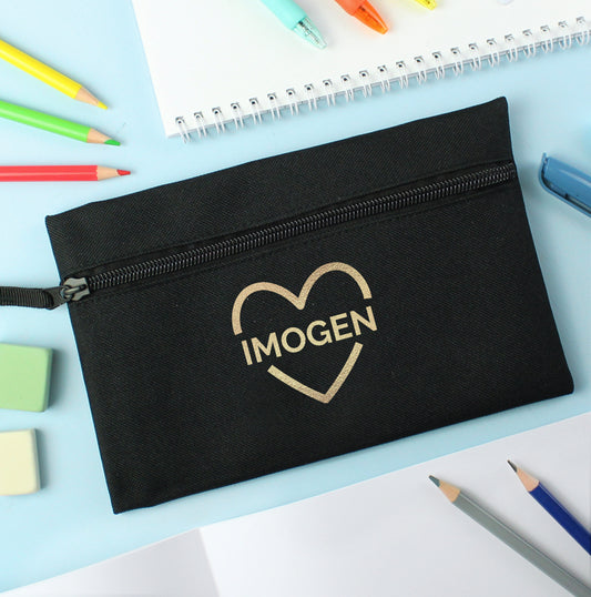 Personalised Gold Heart Black Pencil Case