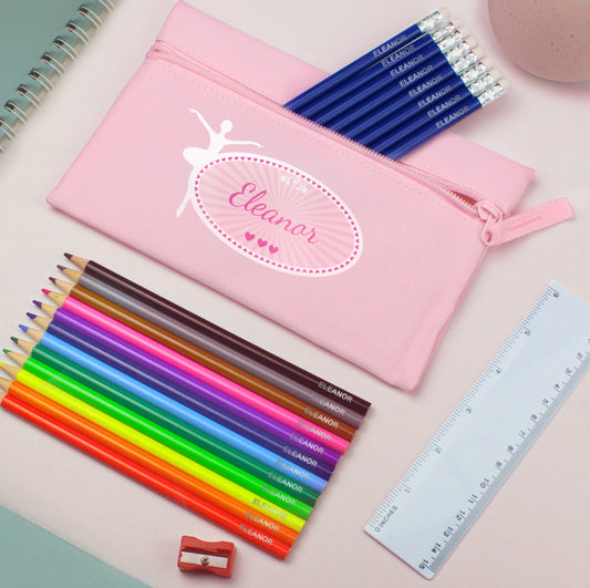 Pink Ballerina Pencil Case with Personalised Pencils & Crayons