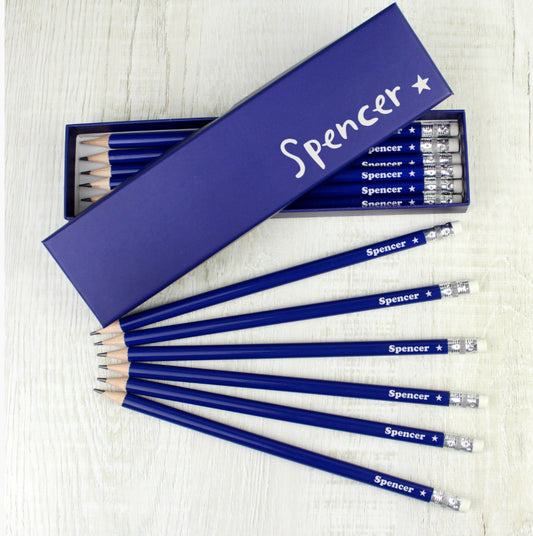 Personalised Star Box and 12 Blue HB Pencils