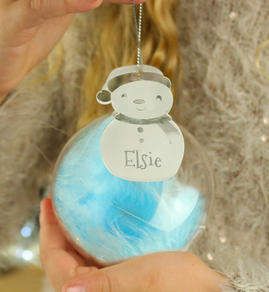 Personalised Snowman Acrylic Blue Feather Bauble