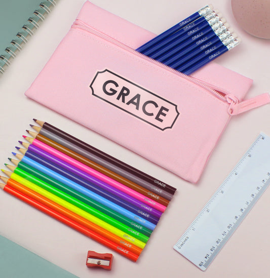 Pink Pencil Case with Personalised Pencils & Crayons