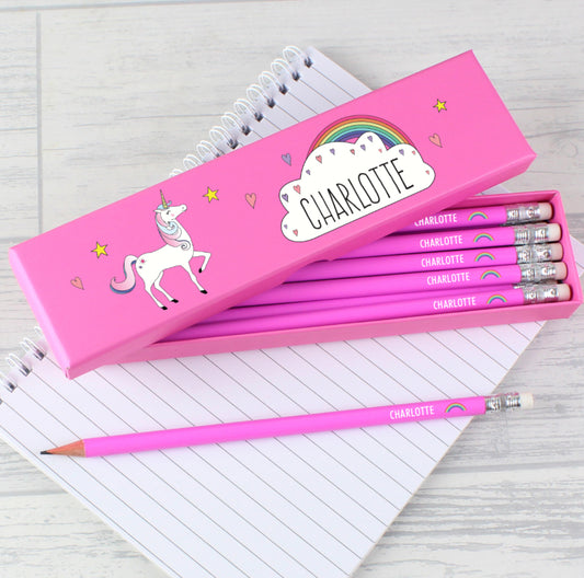 Personalised Unicorn Box of 12 Pink HB Pencils