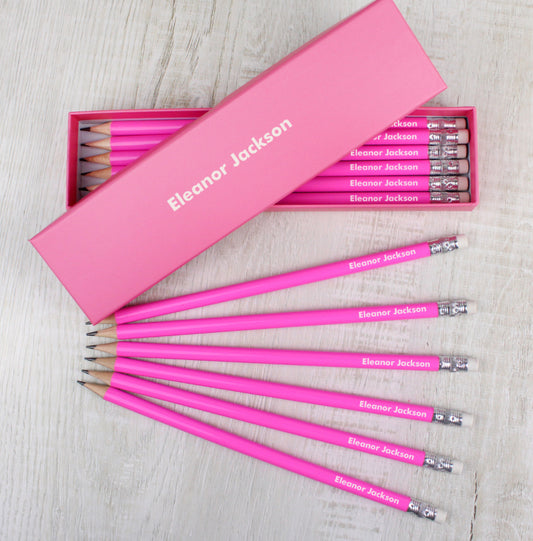 Personalised Name Only Box and 12 Pink HB Pencils