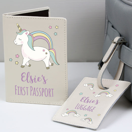 Personalised Baby Unicorn Cream Passport Holder & Luggage Tag Set