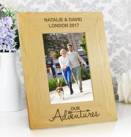 Personalised Our Adventures 6x4 Oak Finish Photo Frame